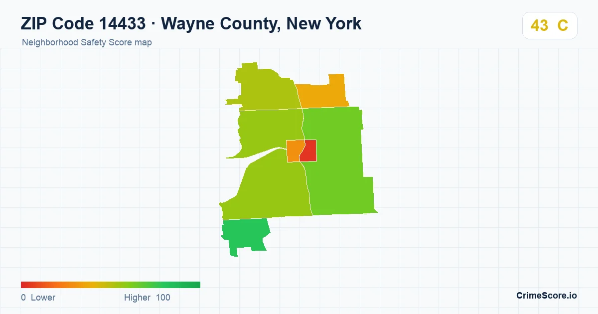 ZIP Code 14433 in Wayne County, New York neighborhood Safety Score map