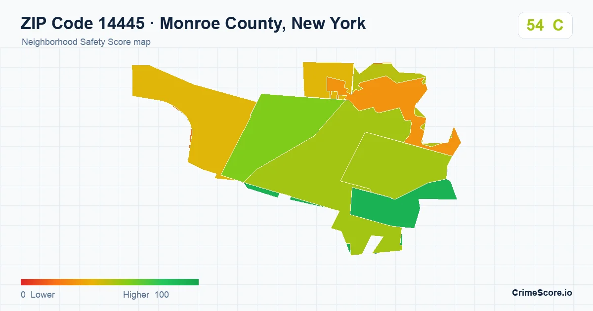 ZIP Code 14445 in Monroe County, New York neighborhood Safety Score map