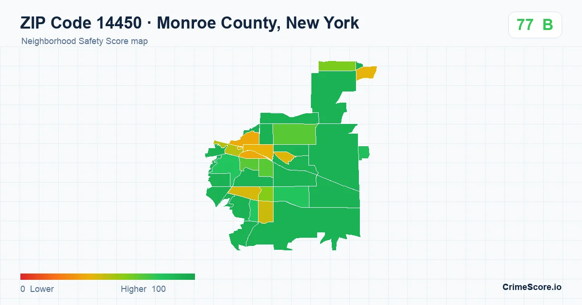 ZIP Code 14450 in Monroe County, New York neighborhood Safety Score map