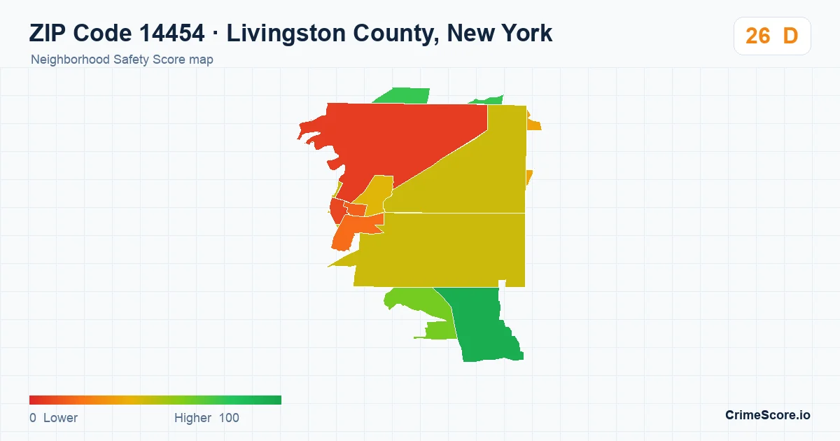 ZIP Code 14454 in Livingston County, New York neighborhood Safety Score map