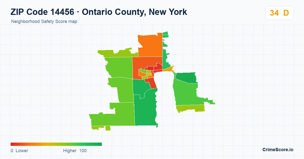 ZIP Code 14456 in Ontario County, New York neighborhood Safety Score map