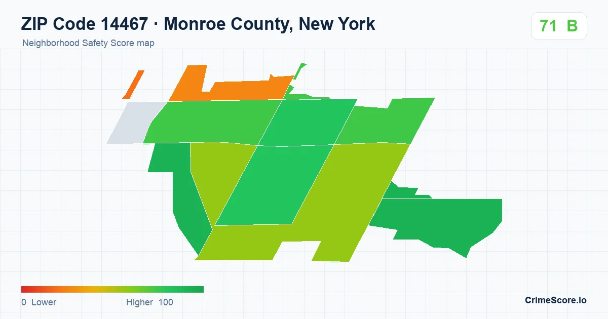 ZIP Code 14467 in Monroe County, New York neighborhood Safety Score map