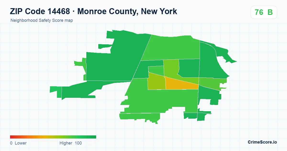 ZIP Code 14468 in Monroe County, New York neighborhood Safety Score map