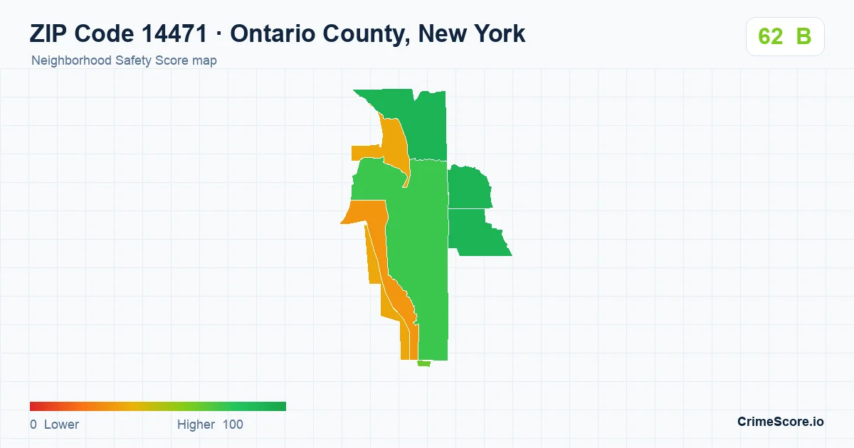 ZIP Code 14471 in Ontario County, New York neighborhood Safety Score map