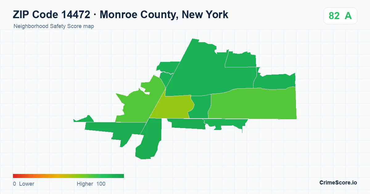 ZIP Code 14472 in Monroe County, New York neighborhood Safety Score map