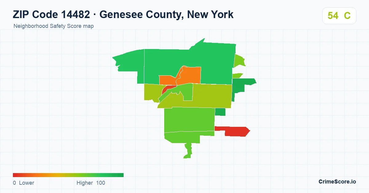 ZIP Code 14482 in Genesee County, New York neighborhood Safety Score map