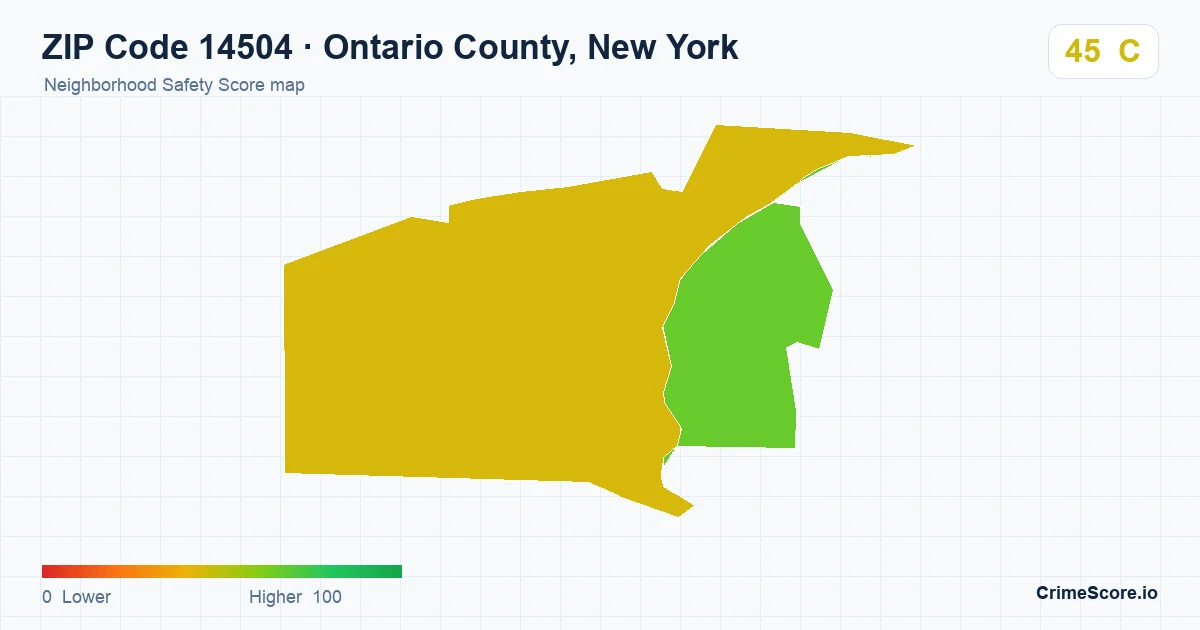 ZIP Code 14504 in Ontario County, New York neighborhood Safety Score map