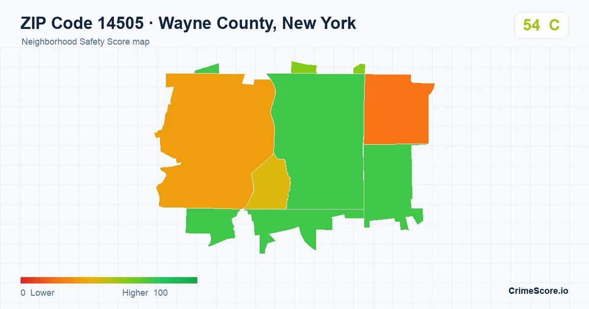 ZIP Code 14505 in Wayne County, New York neighborhood Safety Score map