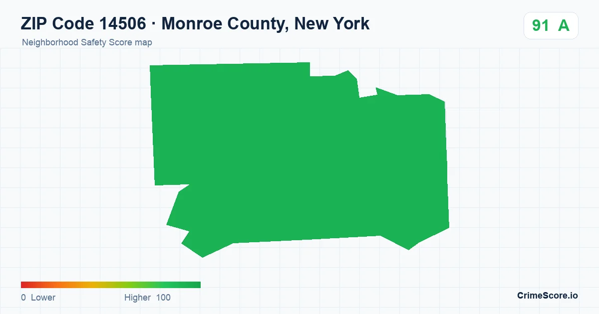 ZIP Code 14506 in Monroe County, New York neighborhood Safety Score map