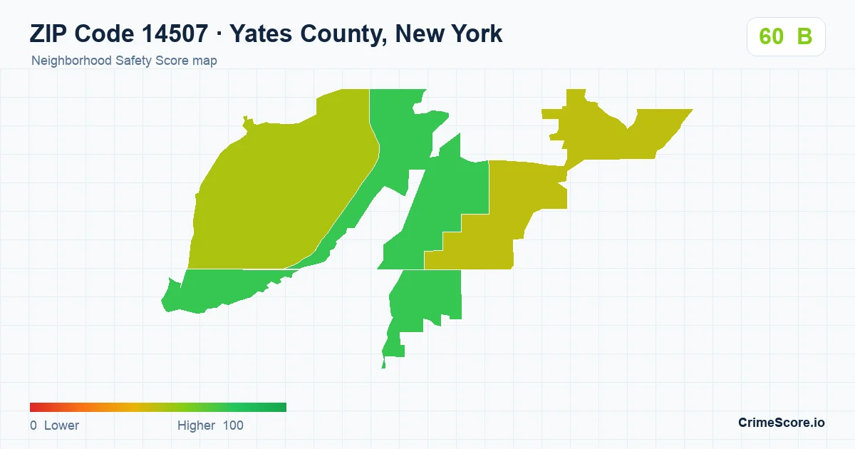 ZIP Code 14507 in Yates County, New York neighborhood Safety Score map