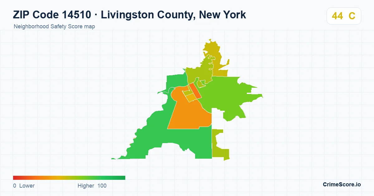 ZIP Code 14510 in Livingston County, New York neighborhood Safety Score map