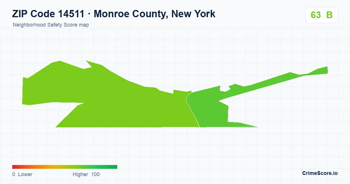 ZIP Code 14511 in Monroe County, New York neighborhood Safety Score map