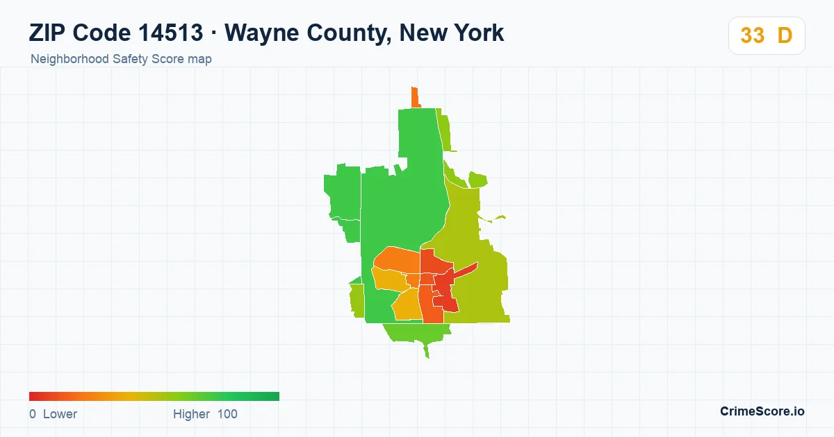 ZIP Code 14513 in Wayne County, New York neighborhood Safety Score map