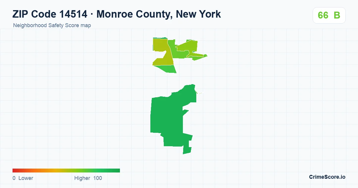 ZIP Code 14514 in Monroe County, New York neighborhood Safety Score map