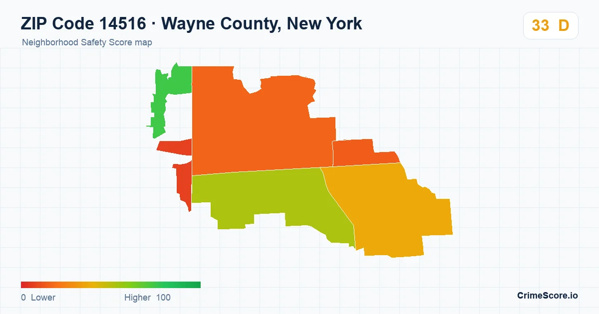 ZIP Code 14516 in Wayne County, New York neighborhood Safety Score map