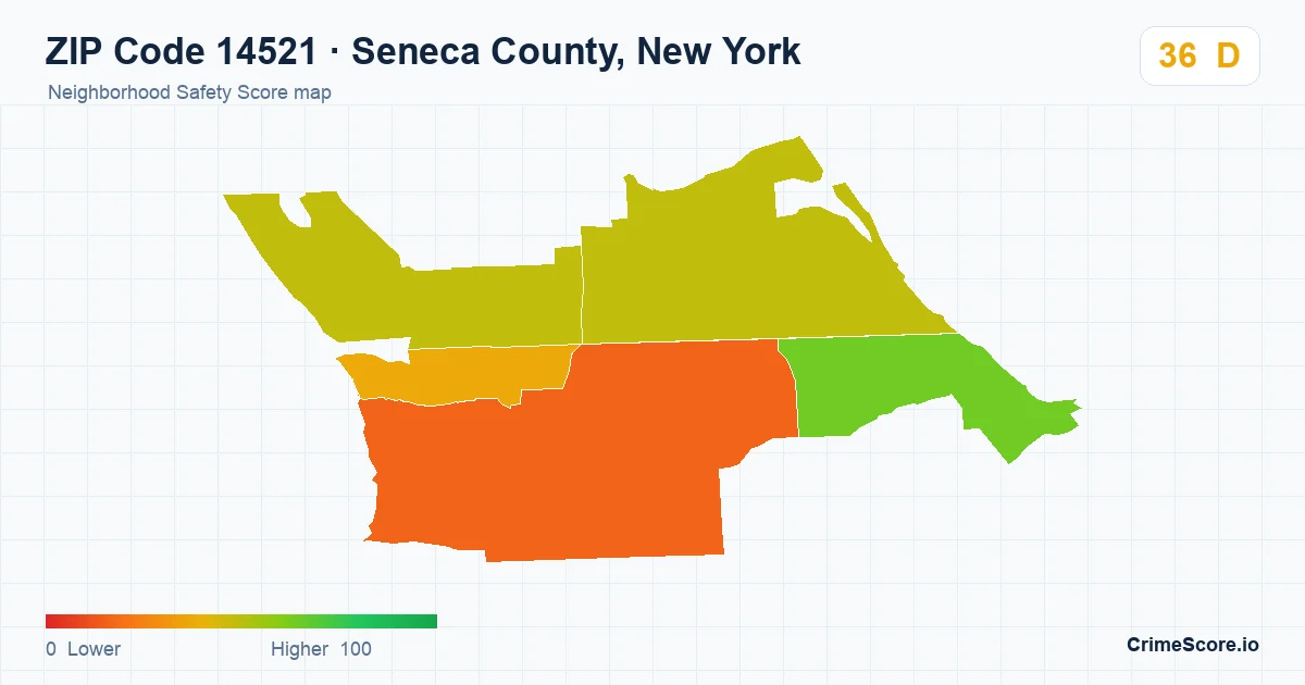ZIP Code 14521 in Seneca County, New York neighborhood Safety Score map