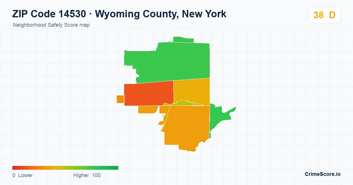ZIP Code 14530 in Wyoming County, New York neighborhood Safety Score map