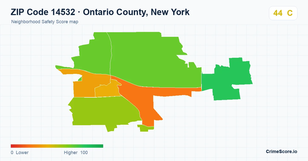 ZIP Code 14532 in Ontario County, New York neighborhood Safety Score map