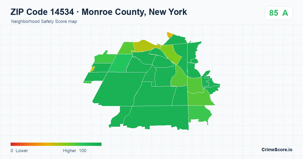 ZIP Code 14534 in Monroe County, New York neighborhood Safety Score map
