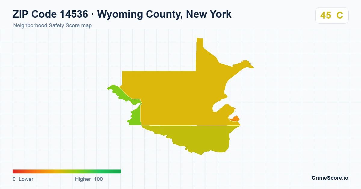 ZIP Code 14536 in Wyoming County, New York neighborhood Safety Score map