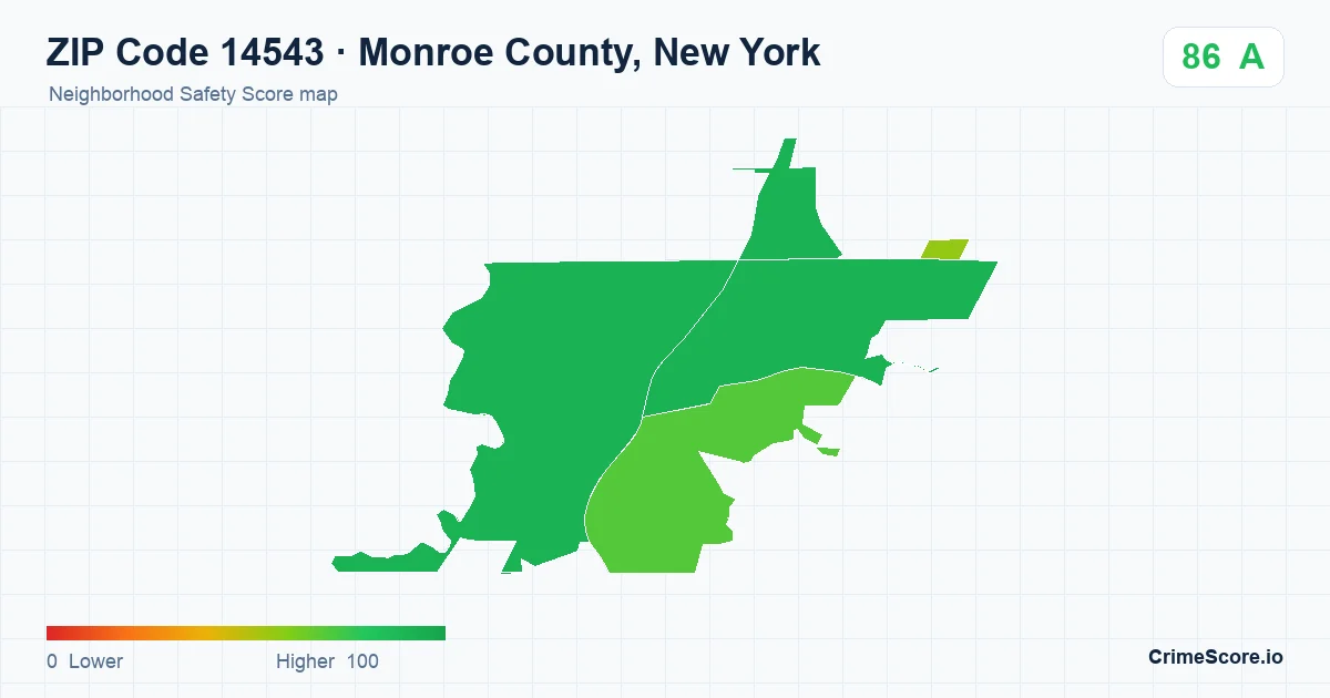 ZIP Code 14543 in Monroe County, New York neighborhood Safety Score map