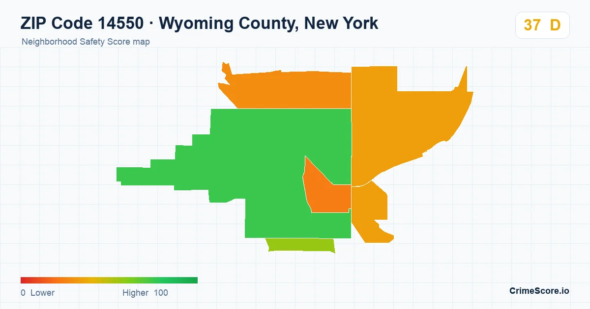 ZIP Code 14550 in Wyoming County, New York neighborhood Safety Score map