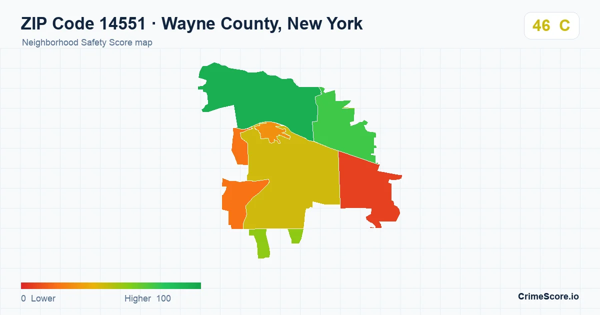 ZIP Code 14551 in Wayne County, New York neighborhood Safety Score map