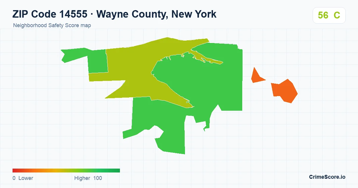 ZIP Code 14555 in Wayne County, New York neighborhood Safety Score map