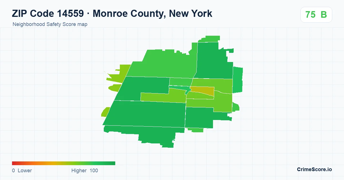 ZIP Code 14559 in Monroe County, New York neighborhood Safety Score map
