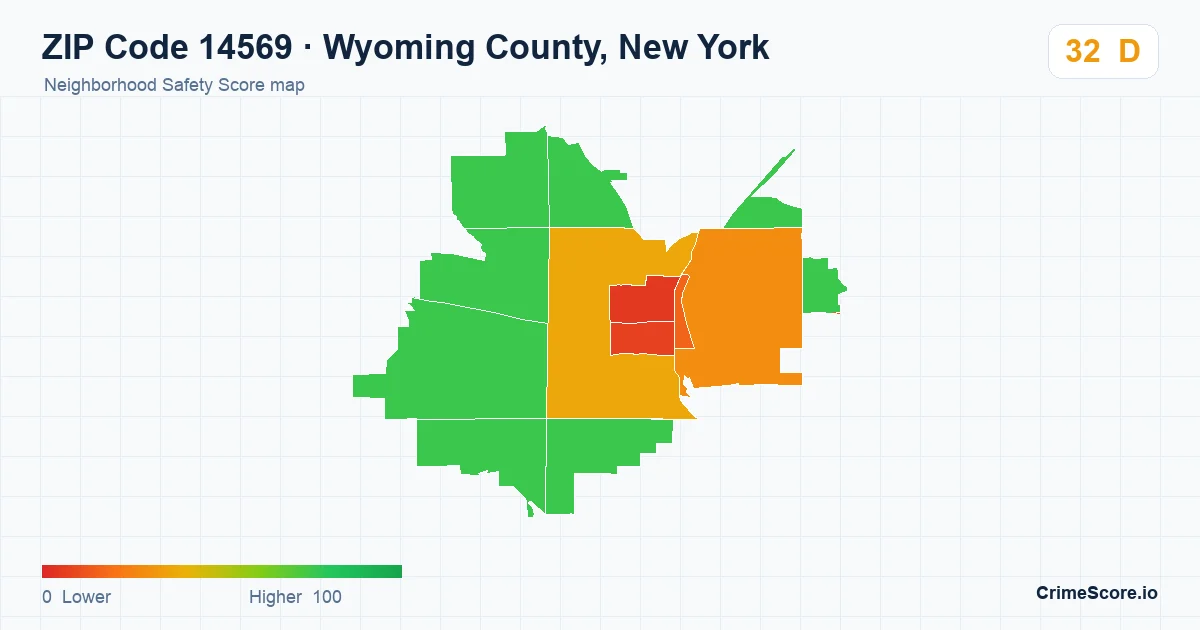 ZIP Code 14569 in Wyoming County, New York neighborhood Safety Score map