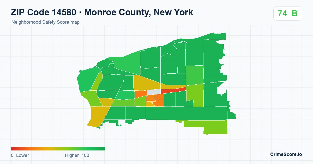 ZIP Code 14580 in Monroe County, New York neighborhood Safety Score map