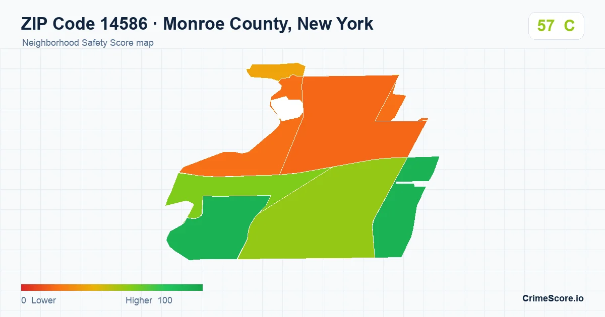 ZIP Code 14586 in Monroe County, New York neighborhood Safety Score map