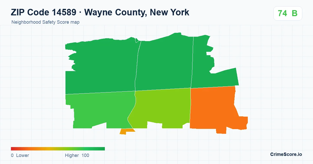 ZIP Code 14589 in Wayne County, New York neighborhood Safety Score map