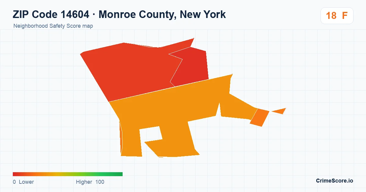 ZIP Code 14604 in Monroe County, New York neighborhood Safety Score map