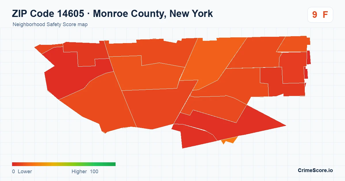 ZIP Code 14605 in Monroe County, New York neighborhood Safety Score map
