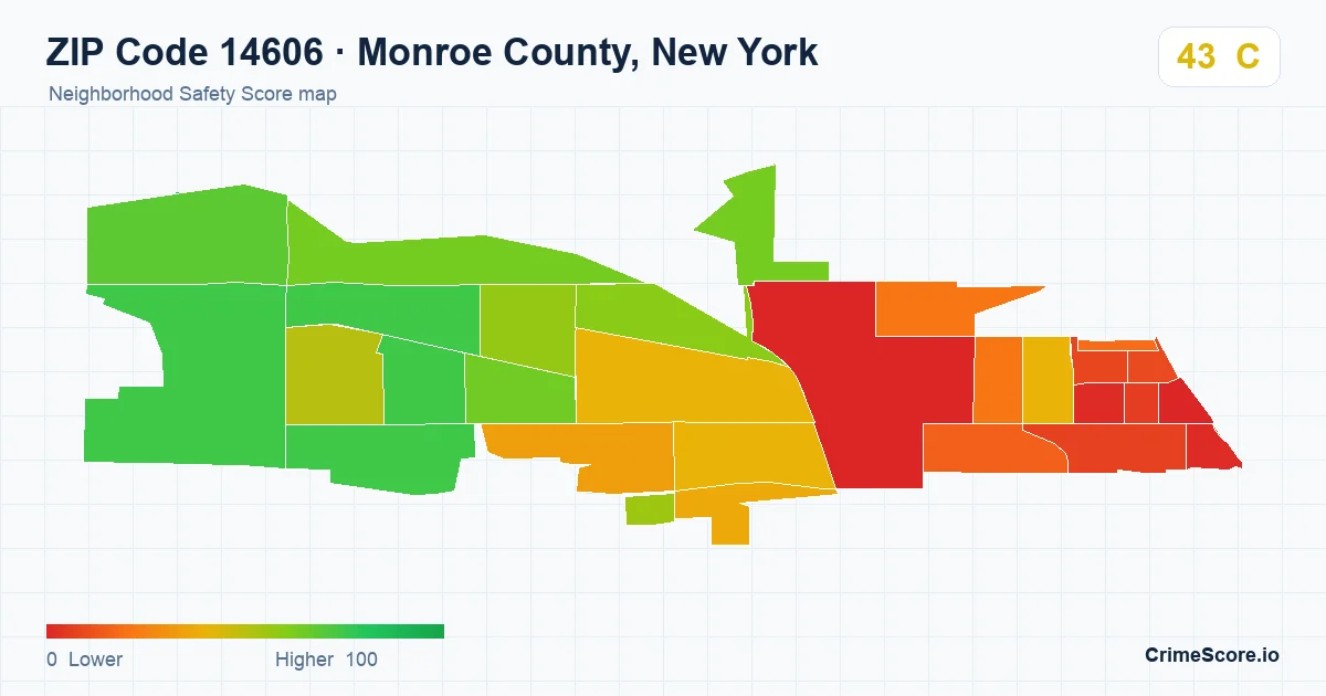 ZIP Code 14606 in Monroe County, New York neighborhood Safety Score map