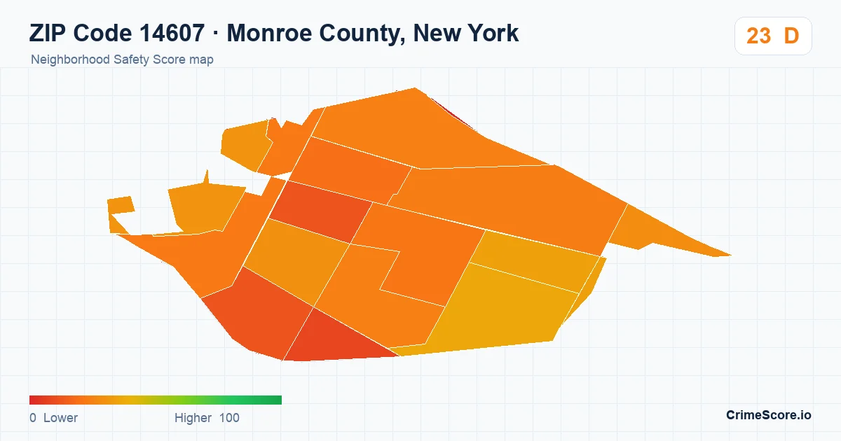 ZIP Code 14607 in Monroe County, New York neighborhood Safety Score map