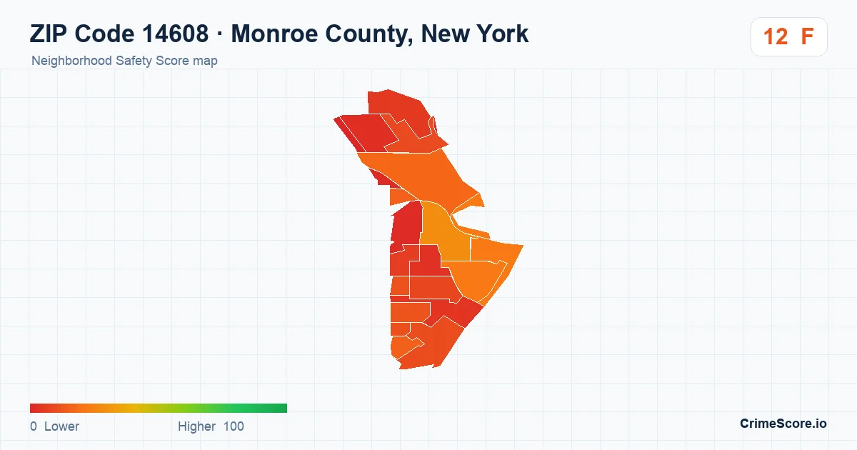 ZIP Code 14608 in Monroe County, New York neighborhood Safety Score map