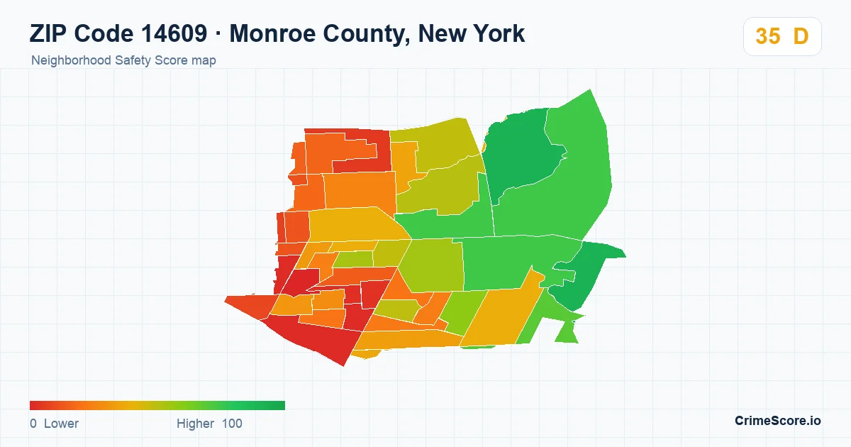 ZIP Code 14609 in Monroe County, New York neighborhood Safety Score map