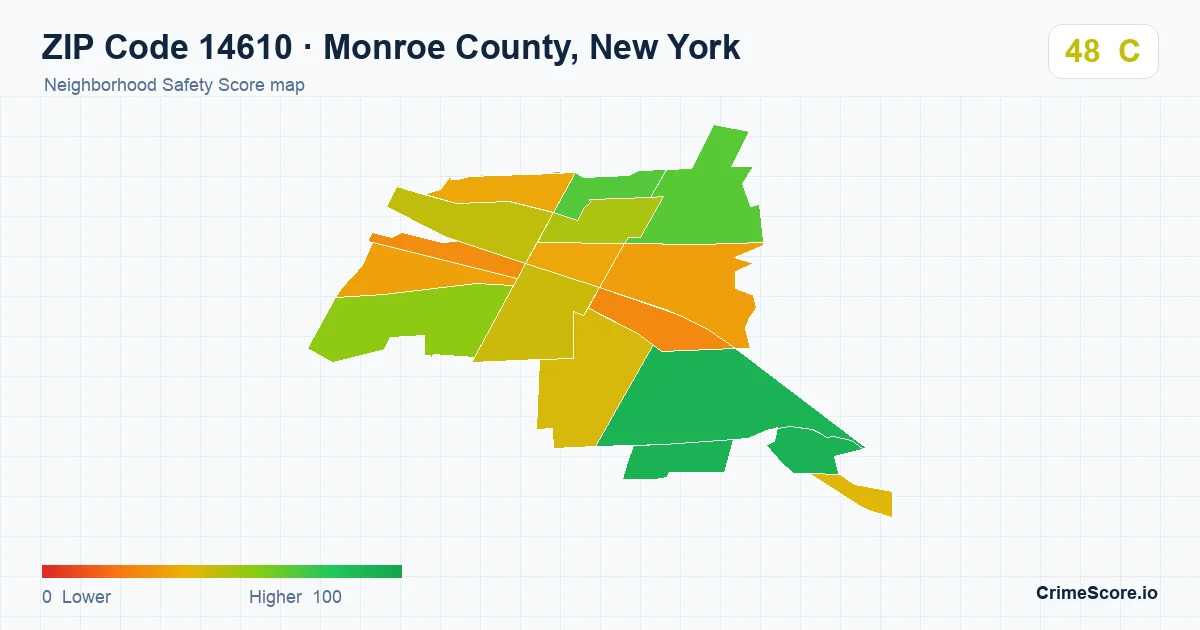 ZIP Code 14610 in Monroe County, New York neighborhood Safety Score map