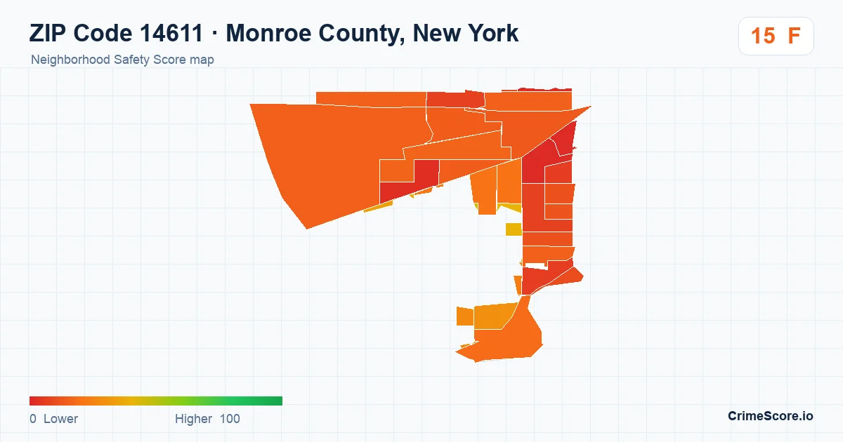 ZIP Code 14611 in Monroe County, New York neighborhood Safety Score map
