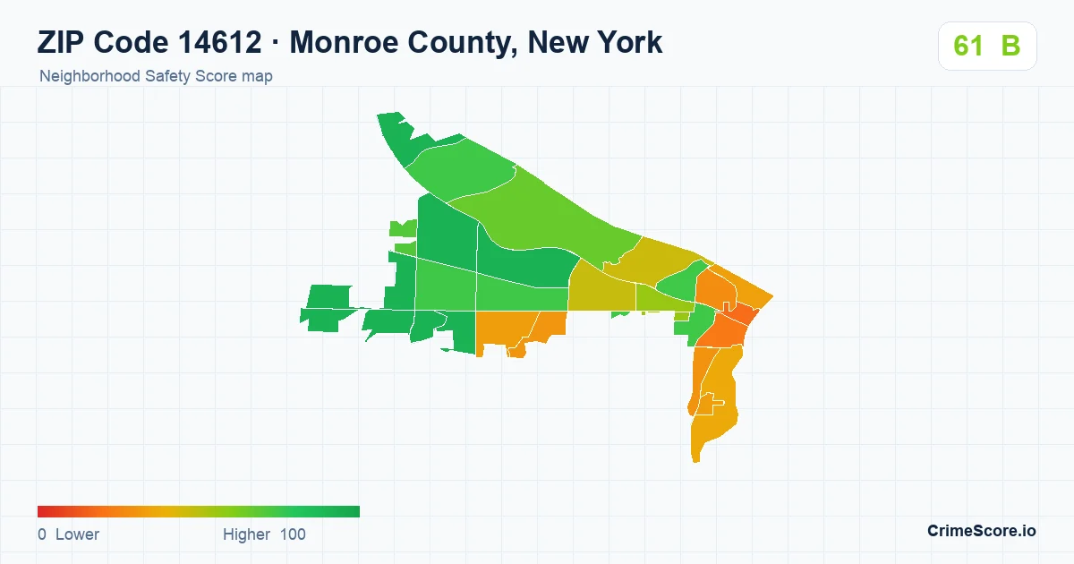 ZIP Code 14612 in Monroe County, New York neighborhood Safety Score map