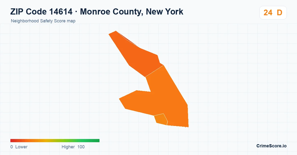 ZIP Code 14614 in Monroe County, New York neighborhood Safety Score map