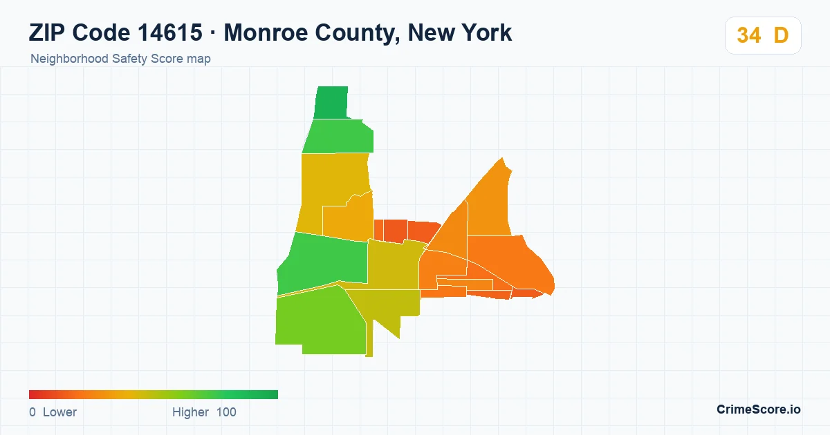 ZIP Code 14615 in Monroe County, New York neighborhood Safety Score map