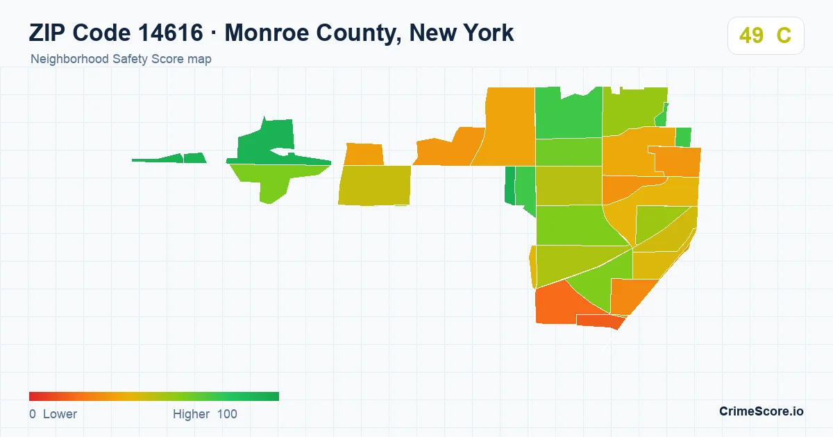 ZIP Code 14616 in Monroe County, New York neighborhood Safety Score map