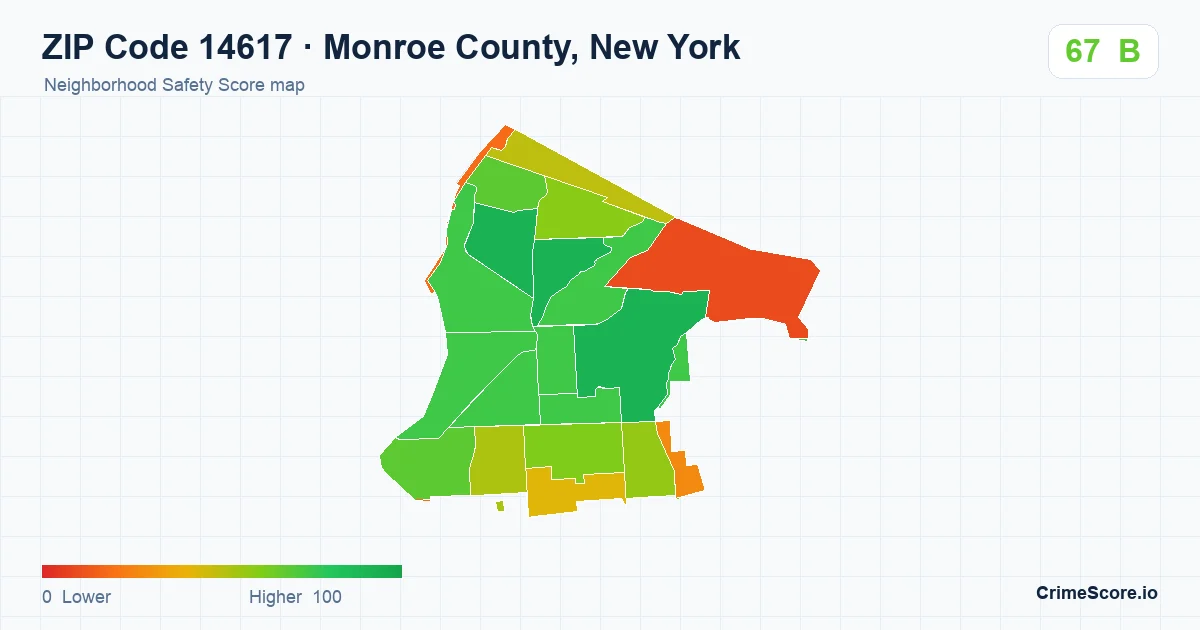 ZIP Code 14617 in Monroe County, New York neighborhood Safety Score map