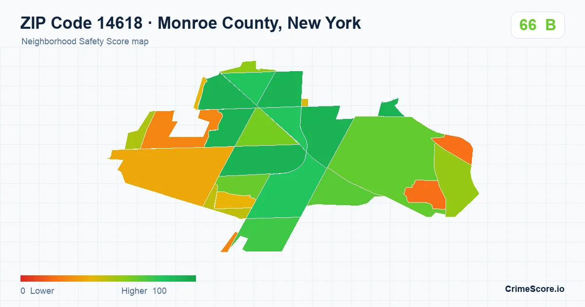 ZIP Code 14618 in Monroe County, New York neighborhood Safety Score map