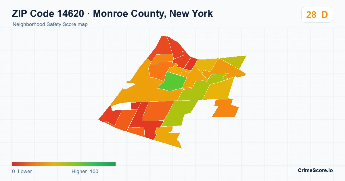 ZIP Code 14620 in Monroe County, New York neighborhood Safety Score map