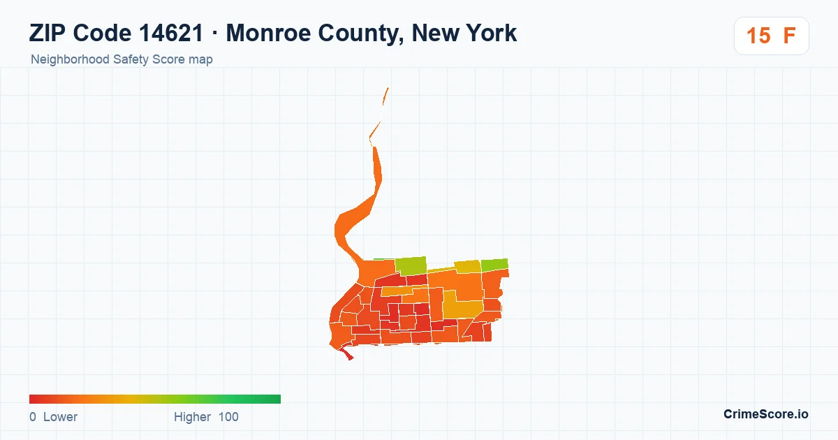 ZIP Code 14621 in Monroe County, New York neighborhood Safety Score map