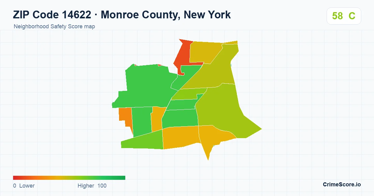 ZIP Code 14622 in Monroe County, New York neighborhood Safety Score map